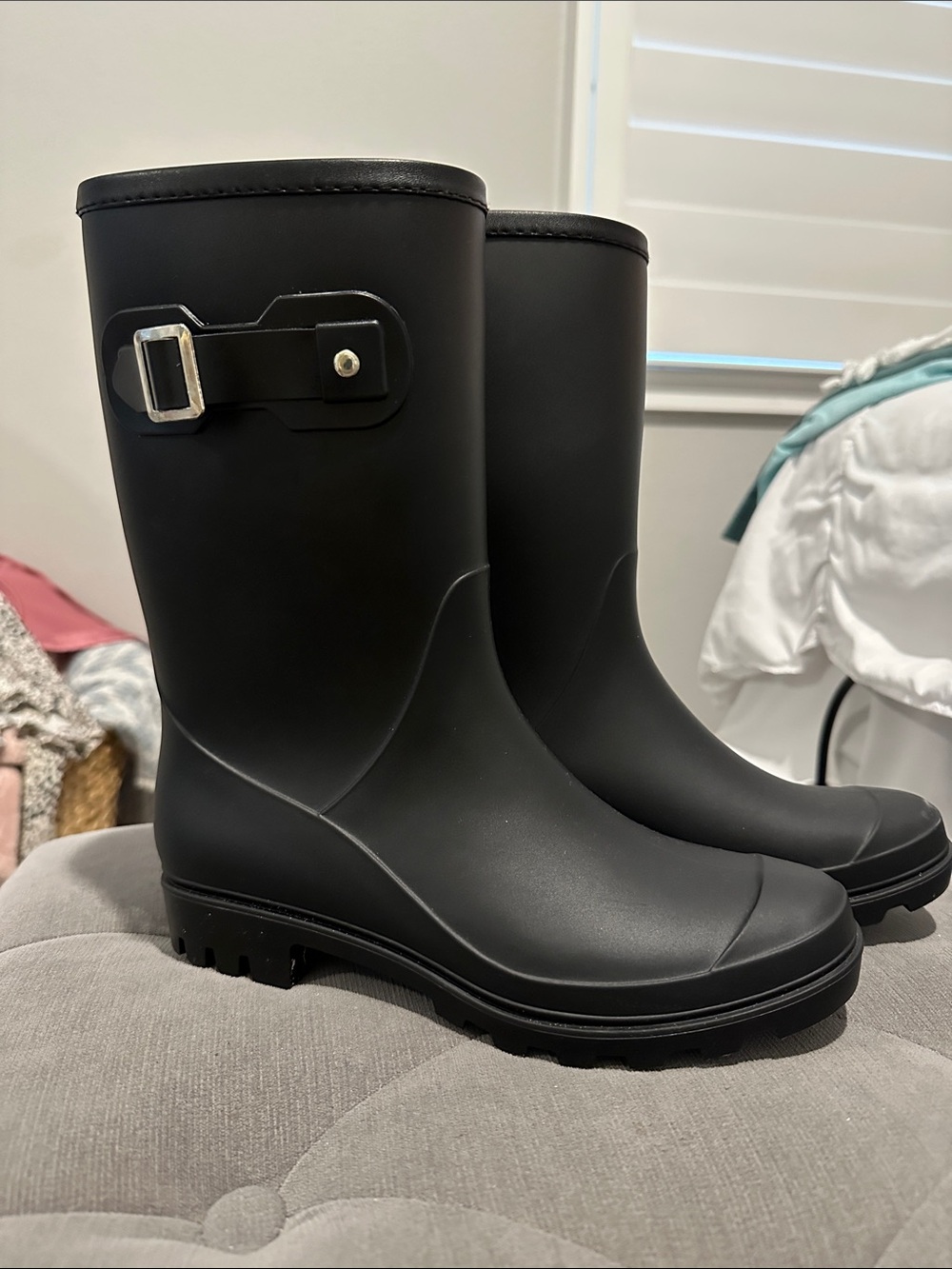 Women's Black Waterproof Mid-Calf Rain Boots with Buckle Accent